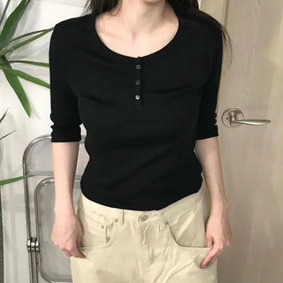 Henley Neck Button Slim Fit Ribbed T-shirt