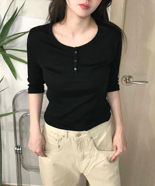 Henley Neck Button Slim Fit Ribbed T-shirt