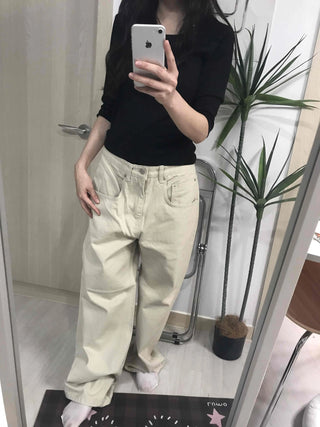 Loose Fit Drawstring Straight Denim Pants