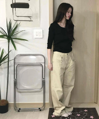Loose Fit Drawstring Straight Denim Pants