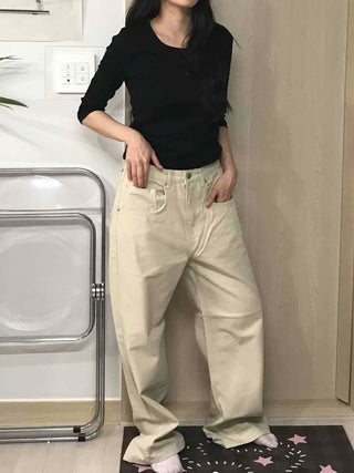 Loose Fit Drawstring Straight Denim Pants