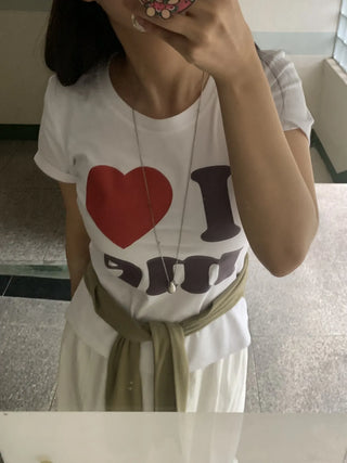 Heart Lettering Round Neck Short Sleeve T-shirt