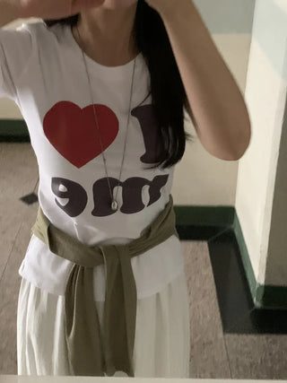 Heart Lettering Round Neck Short Sleeve T-shirt