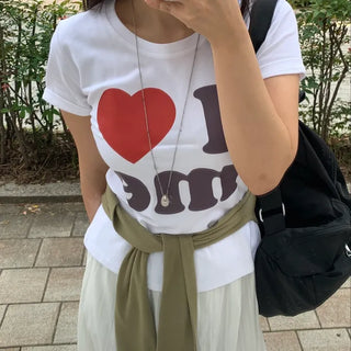 Heart Lettering Round Neck Short Sleeve T-shirt