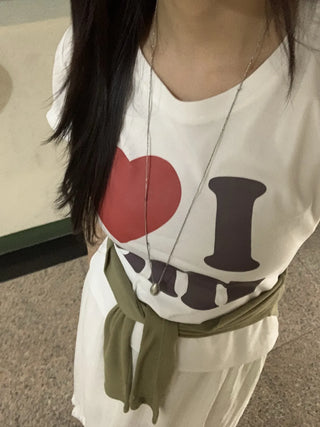 Heart Lettering Round Neck Short Sleeve T-shirt