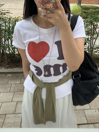 Heart Lettering Round Neck Short Sleeve T-shirt