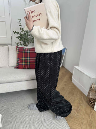 Elastic Dot Pleated Super Wide Pants