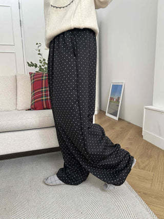 Elastic Dot Pleated Super Wide Pants