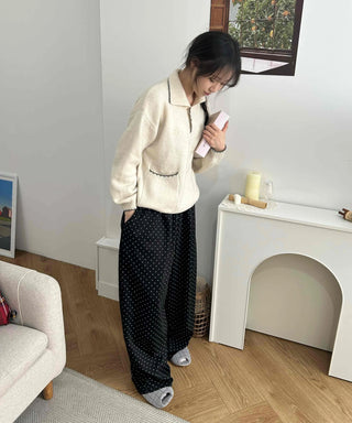 Elastic Dot Pleated Super Wide Pants