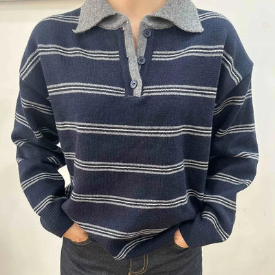 Vintage Contrast Collar Button Stripe Polo Knit