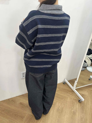 Vintage Contrast Collar Button Stripe Polo Knit