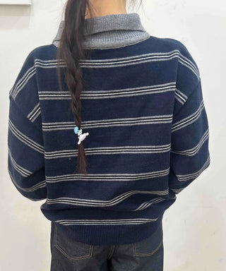 Vintage Contrast Collar Button Stripe Polo Knit
