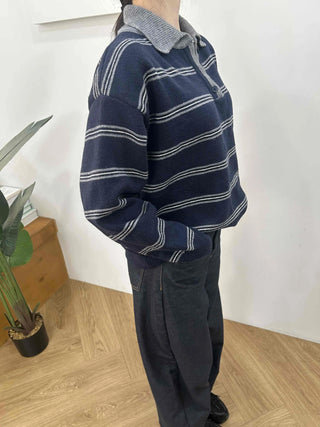 Vintage Contrast Collar Button Stripe Polo Knit