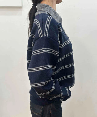 Vintage Contrast Collar Button Stripe Polo Knit