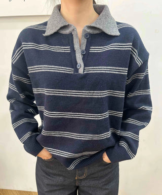 Vintage Contrast Collar Button Stripe Polo Knit