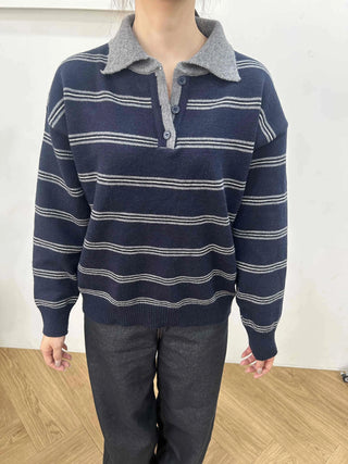 Vintage Contrast Collar Button Stripe Polo Knit