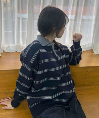 Vintage Contrast Collar Button Stripe Polo Knit