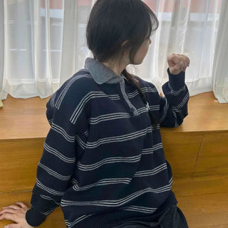 Vintage Contrast Collar Button Stripe Polo Knit