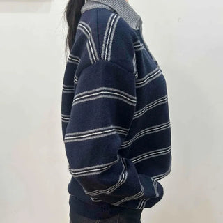 Vintage Contrast Collar Button Stripe Polo Knit