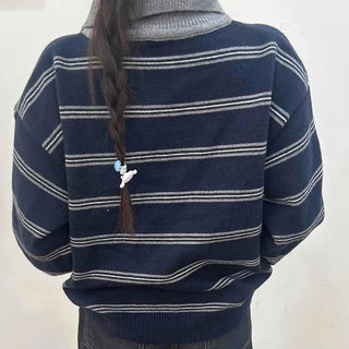 Vintage Contrast Collar Button Stripe Polo Knit