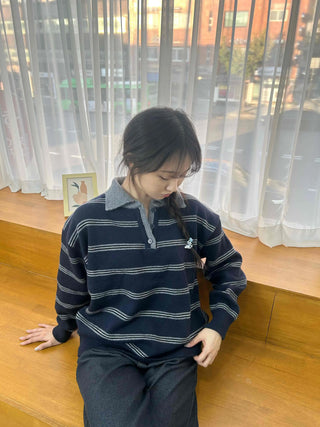 Vintage Contrast Collar Button Stripe Polo Knit