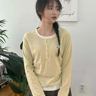 Soft Contrast Button Henley Round Neck Long Sleeve T-shirt