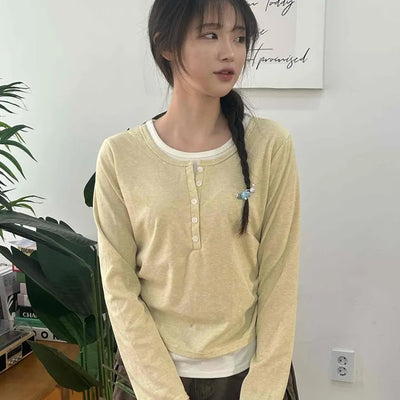 Soft Contrast Button Henley Round Neck Long Sleeve T-shirt