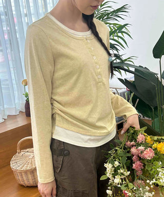 Soft Contrast Button Henley Round Neck Long Sleeve T-shirt