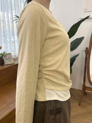 Soft Contrast Button Henley Round Neck Long Sleeve T-shirt
