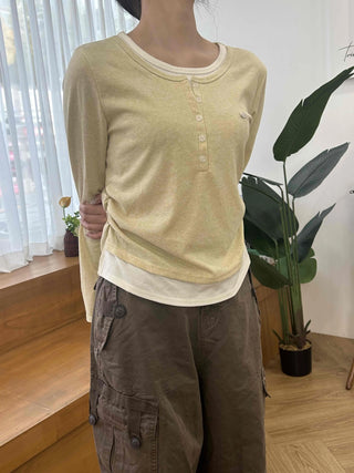 Soft Contrast Button Henley Round Neck Long Sleeve T-shirt