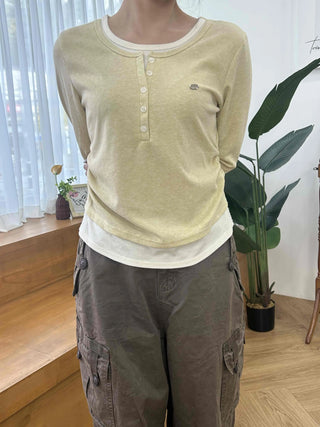Soft Contrast Button Henley Round Neck Long Sleeve T-shirt