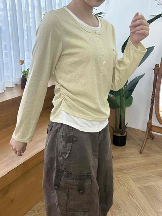 Soft Contrast Button Henley Round Neck Long Sleeve T-shirt