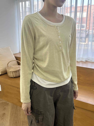 Soft Contrast Button Henley Round Neck Long Sleeve T-shirt