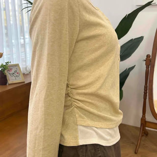 Soft Contrast Button Henley Round Neck Long Sleeve T-shirt