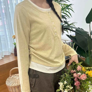Soft Contrast Button Henley Round Neck Long Sleeve T-shirt