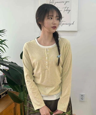 Soft Contrast Button Henley Round Neck Long Sleeve T-shirt