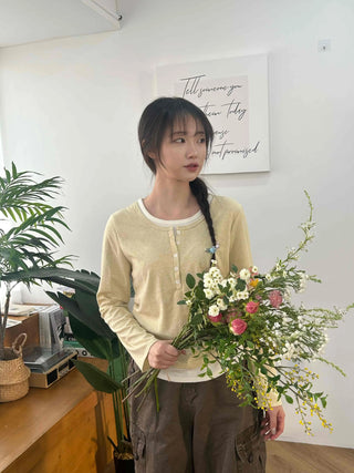 Soft Contrast Button Henley Round Neck Long Sleeve T-shirt
