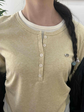 Soft Contrast Button Henley Round Neck Long Sleeve T-shirt