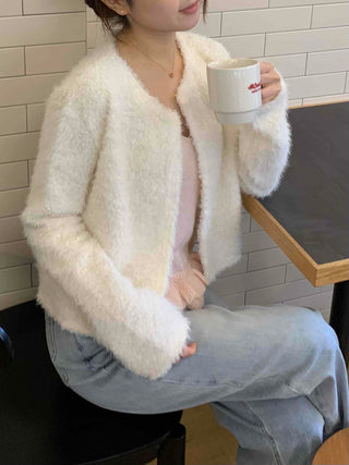 Soft Mood Cozy Fleece Collarless Crop Cardigan