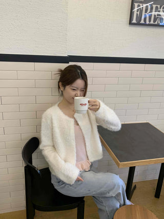 Soft Mood Cozy Fleece Collarless Crop Cardigan