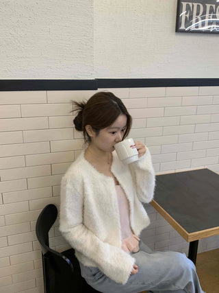 Soft Mood Cozy Fleece Collarless Crop Cardigan