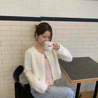 Soft Mood Cozy Fleece Collarless Crop Cardigan
