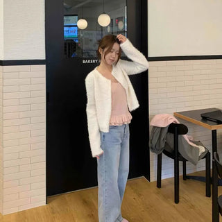 Soft Mood Cozy Fleece Collarless Crop Cardigan