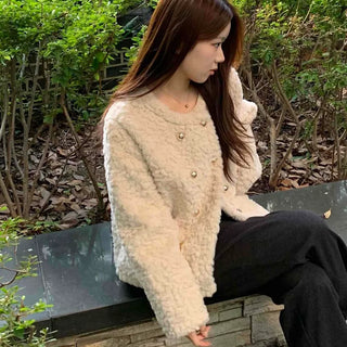 Soft Fuzzy Round Neck Collarless Crop Jacket