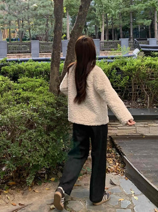 Soft Fuzzy Round Neck Collarless Crop Jacket