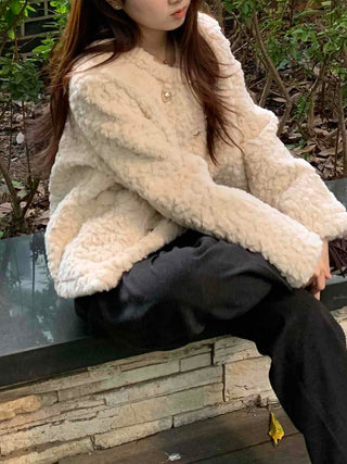 Soft Fuzzy Round Neck Collarless Crop Jacket