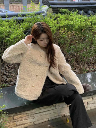 Soft Fuzzy Round Neck Collarless Crop Jacket