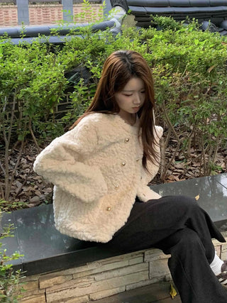 Soft Fuzzy Round Neck Collarless Crop Jacket