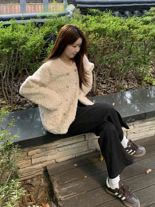 Soft Fuzzy Round Neck Collarless Crop Jacket