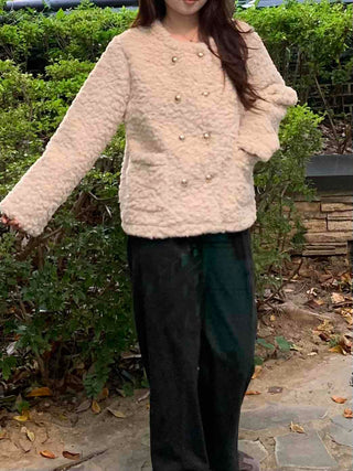 Soft Fuzzy Round Neck Collarless Crop Jacket